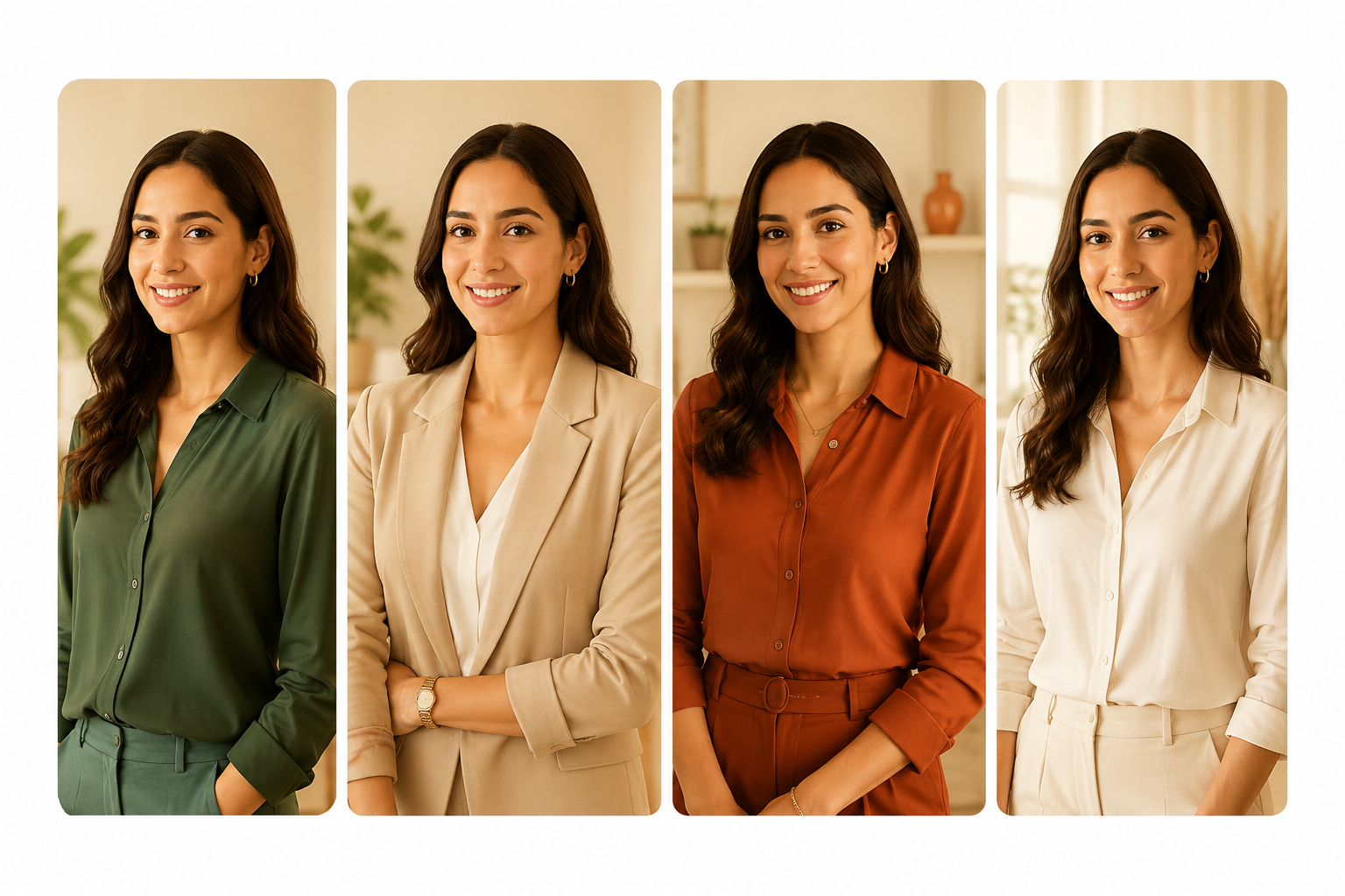 Quatro retratos da mesma pessoa em looks e cenários diferentes — referência visual para clonagem