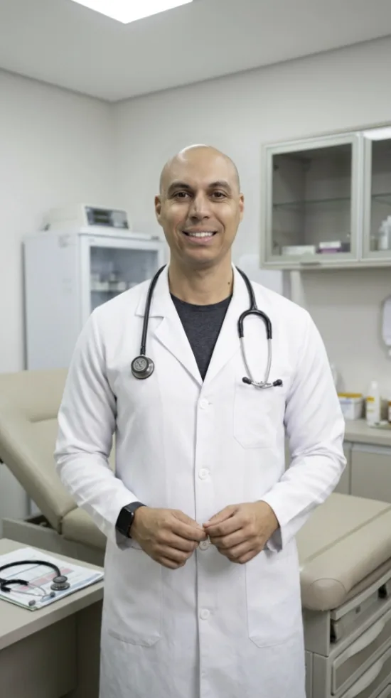 Profissional vestindo jaleco em clínica médica